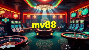 Experience the excitement of mv88 with a captivating online casino scene featuring poker tables and roulette wheels.
