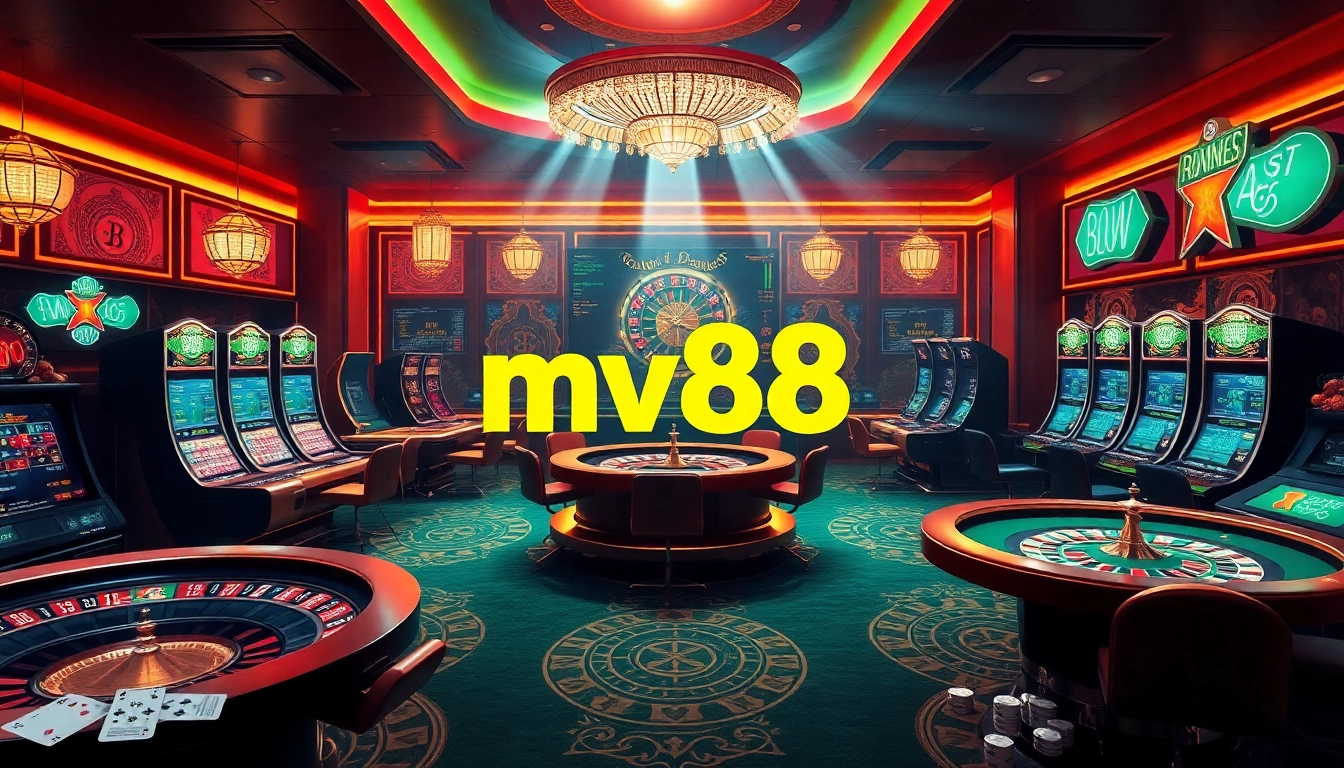 Experience the excitement of mv88 with a captivating online casino scene featuring poker tables and roulette wheels.