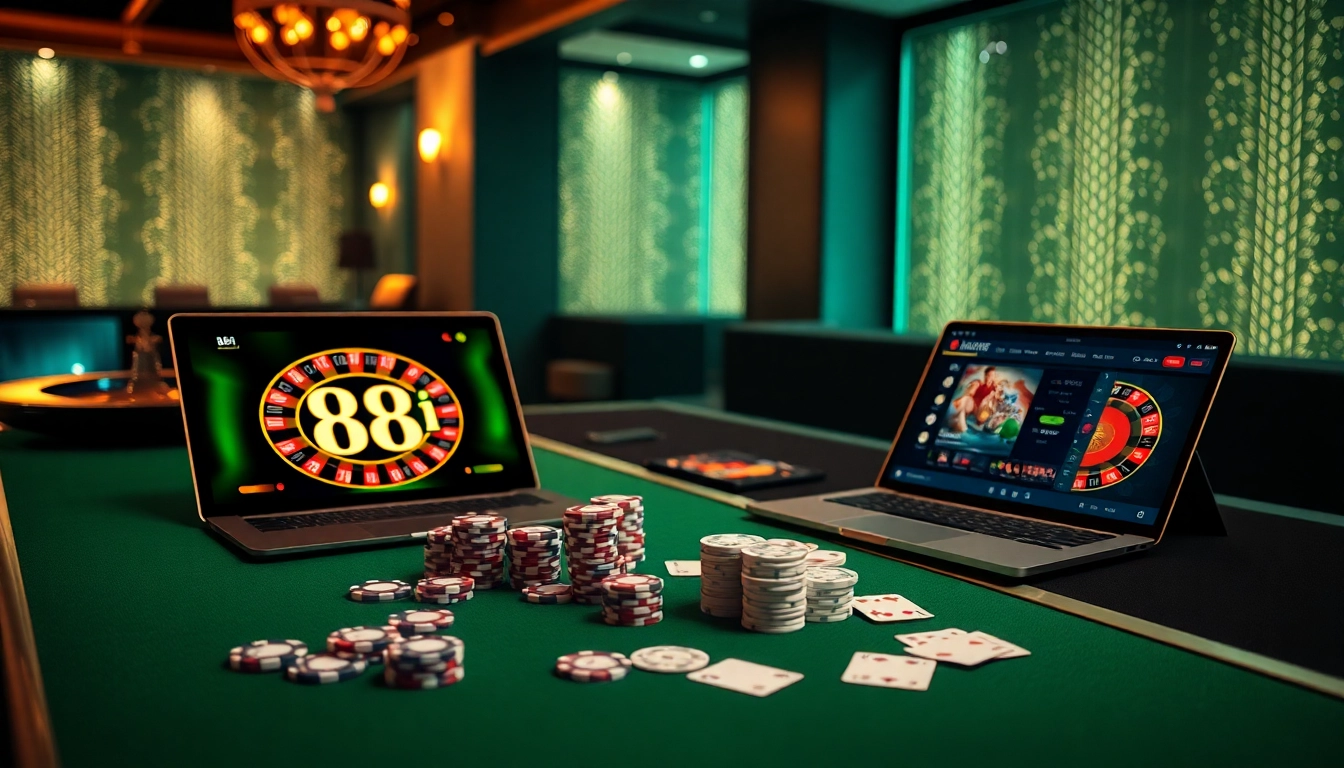 Experience the thrill of betting at the 88i game table, surrounded by elegant poker chips and cards.