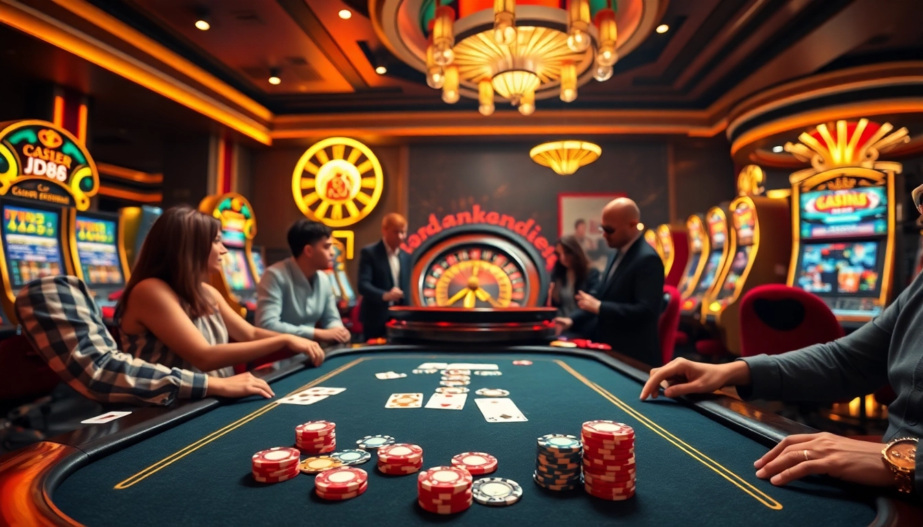 Người chơi tham gia các trò chơi bàn JD88, thể hiện sự phấn khích và chiến thuật trong một casino sống động.