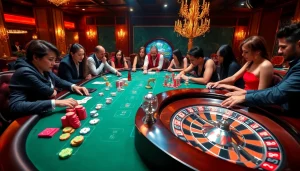 Bancadoithuong.futbol features vibrant casino gameplay highlighting poker chips and roulette excitement.