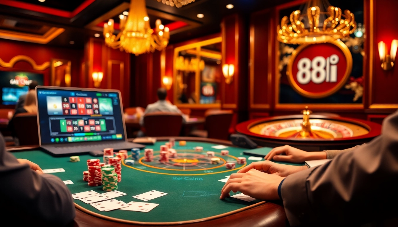 Players engage in high-stakes poker at a luxurious casino table, highlighting the excitement of 88i gambling experiences.