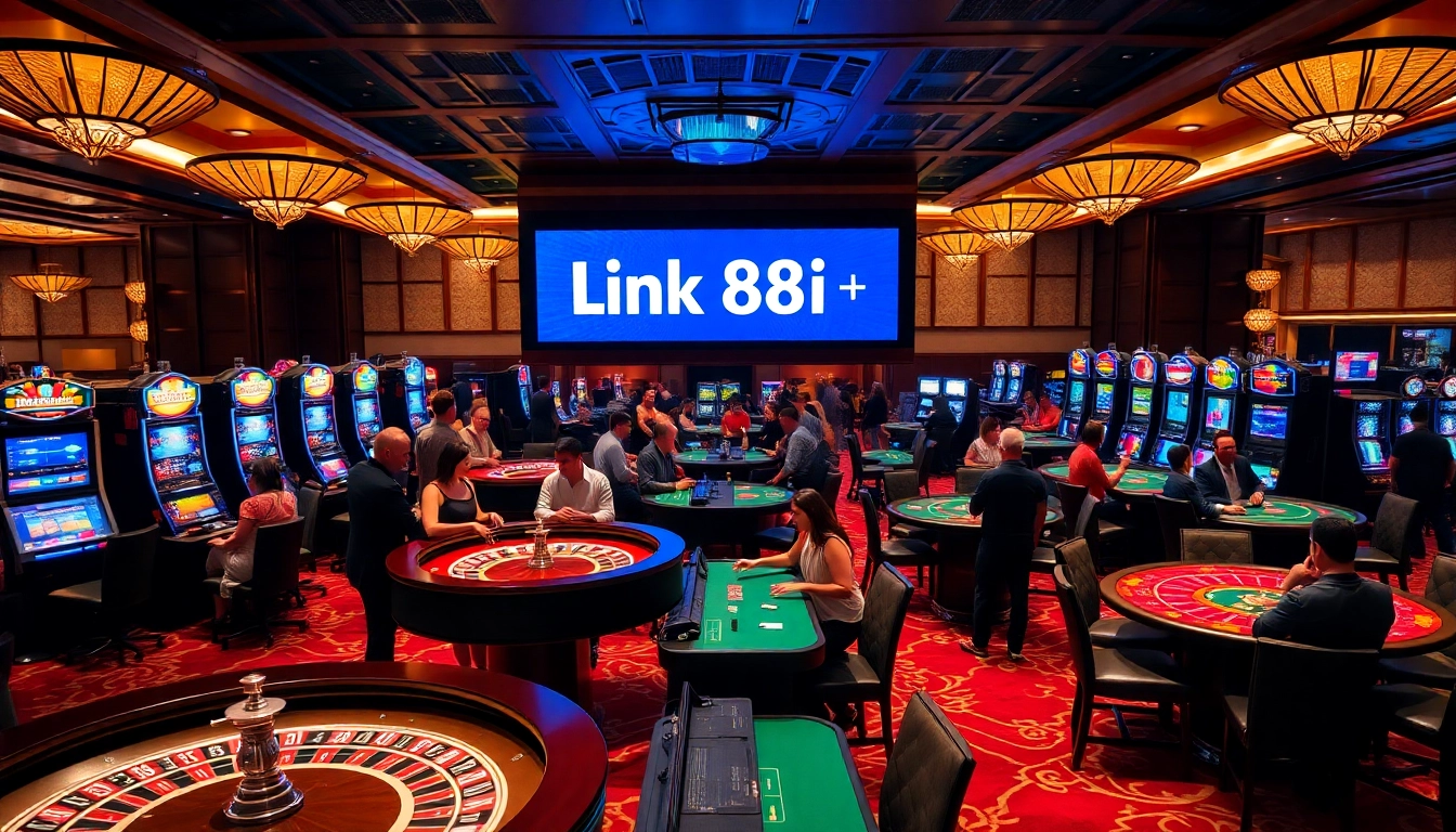 Link 88i showcased in a vibrant casino scene with excited players at gaming tables.
