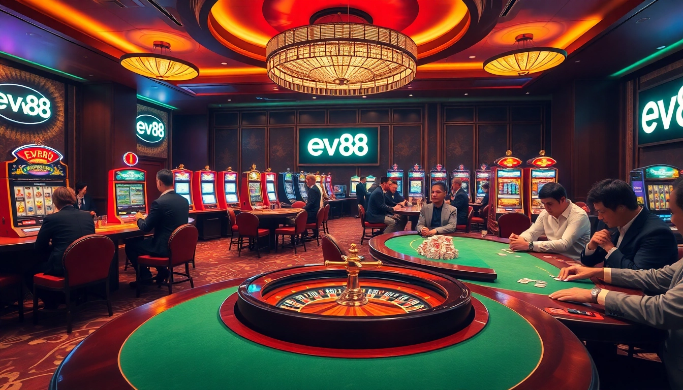 Players engage in high-stakes poker at luxurious ev88 casino tables, surrounded by vibrant slot machines.