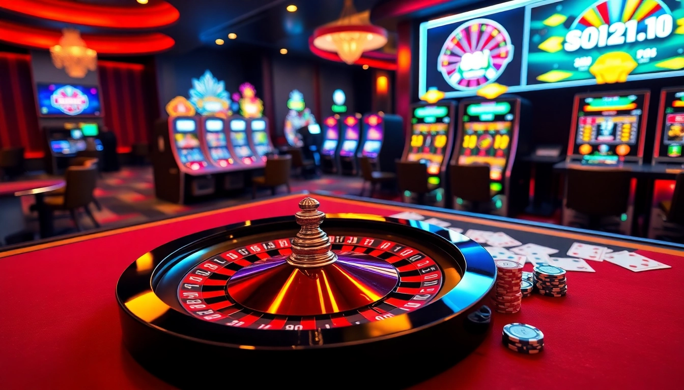 Explore the excitement of online gambling at 88i com with vibrant slot machines and a roulette wheel.
