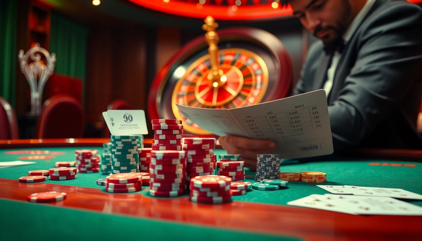 Engaging casino scene emphasizing gamebaidoithuong.trading with poker chips and roulette wheel.
