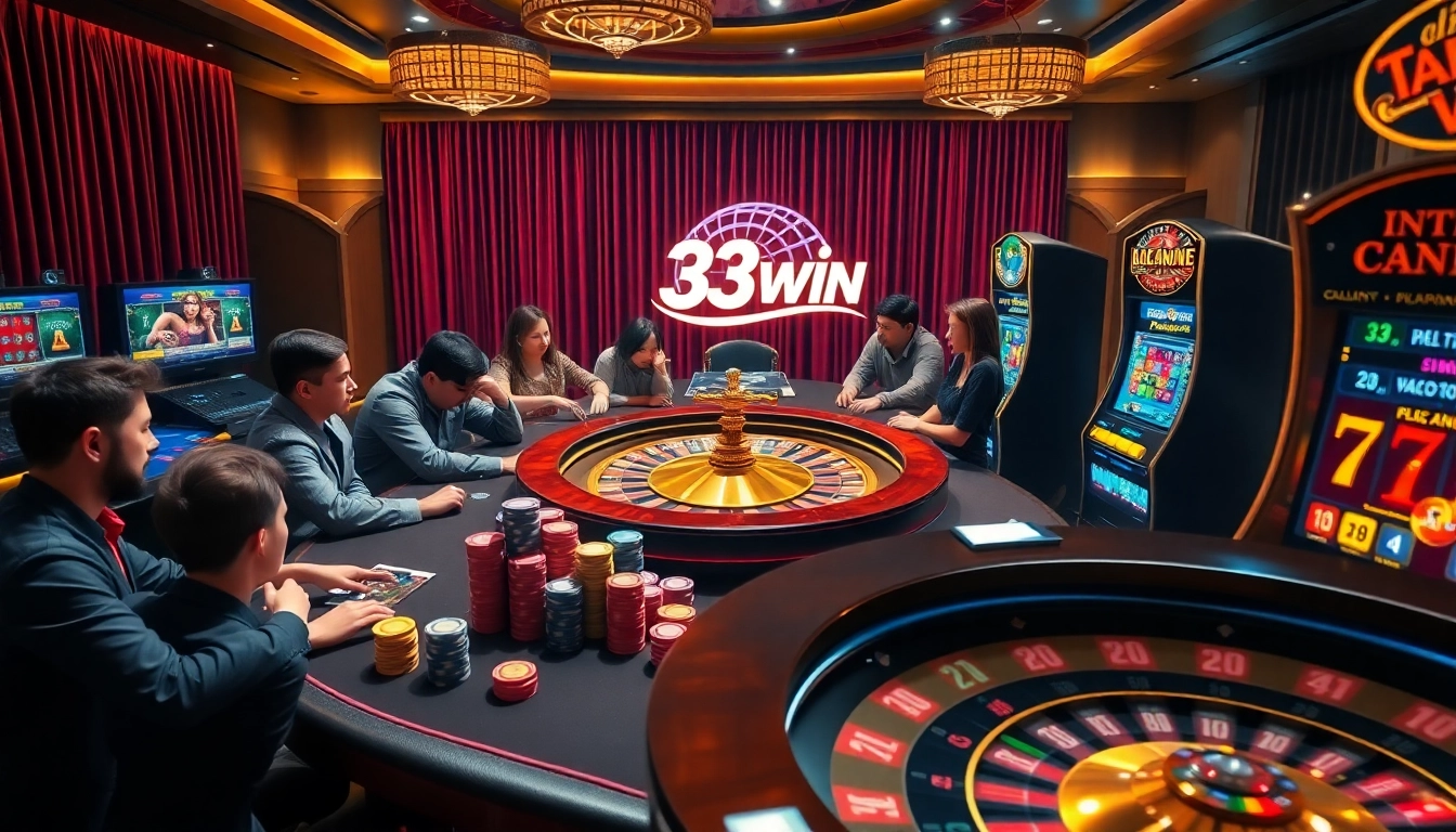 Players enjoying a thrilling poker game at 33win's stylish casino table.
